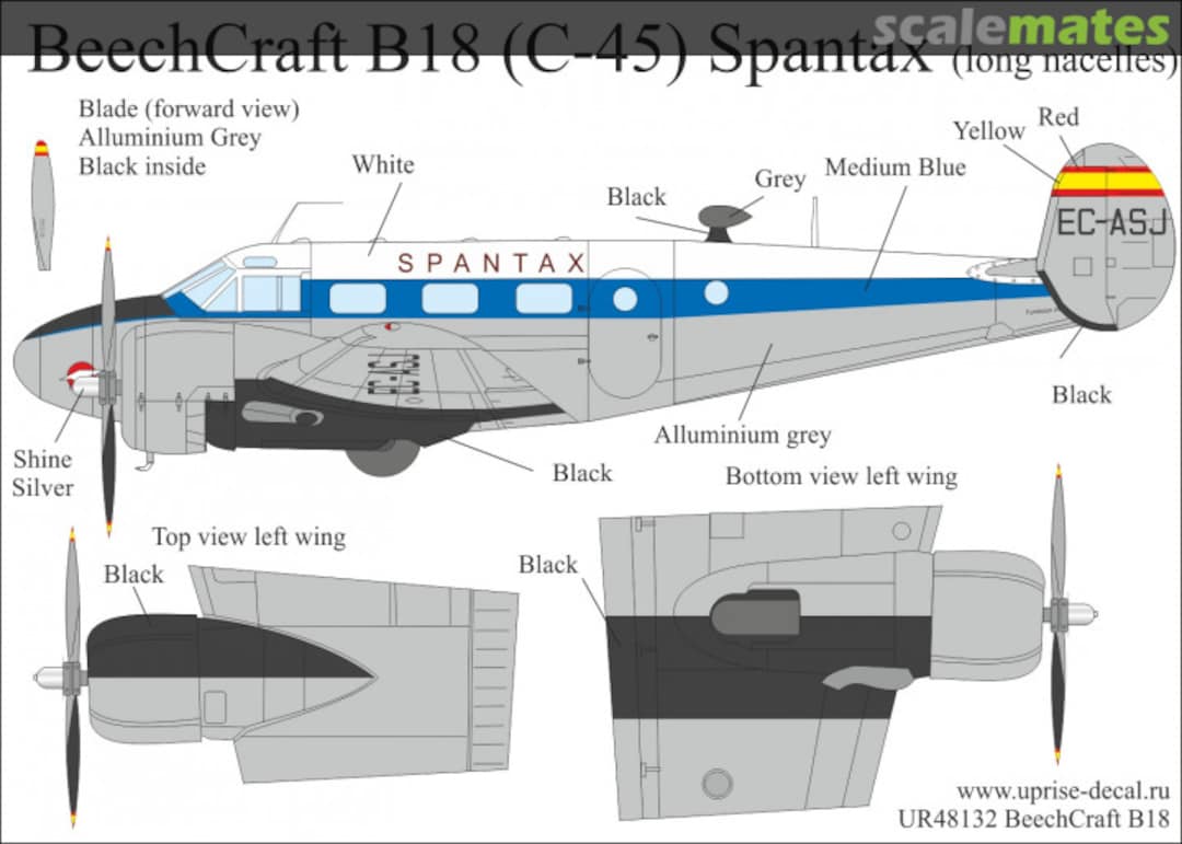 Boxart Beechcraft B18 (C-45) Spantax with long nacelles UR73132 UpRise Decal Serbia