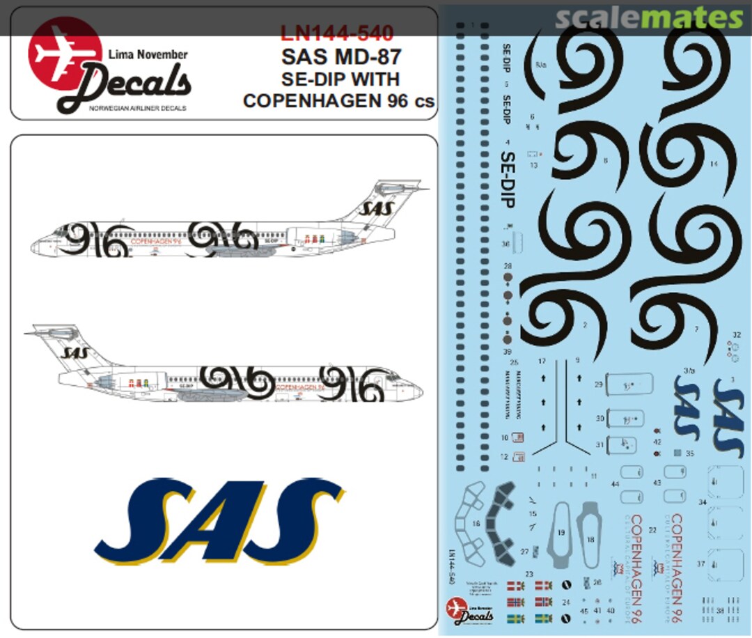 Boxart McDonnell-Douglas MD-87 SAS Scandinavian Airline Systems SE-DIP in the Copenhagen 96 scheme. LN144-540 Lima November Decals