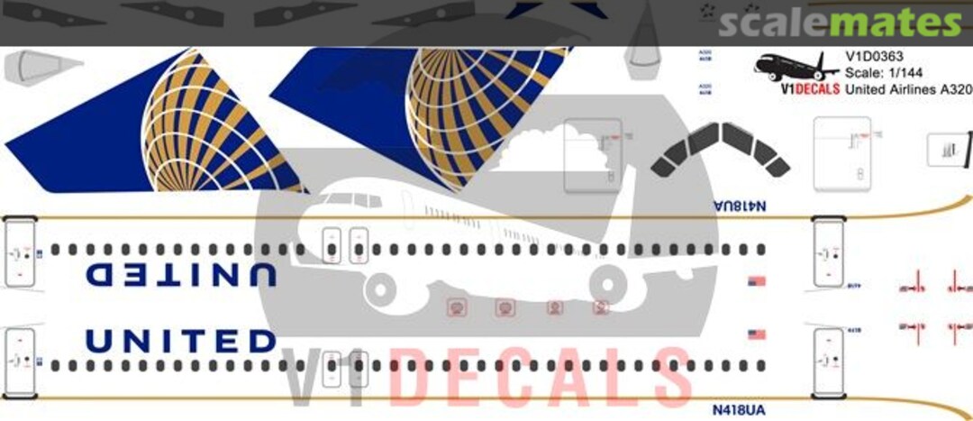 Boxart United Airlines Airbus A320 V1D0363-144 V1 Decals