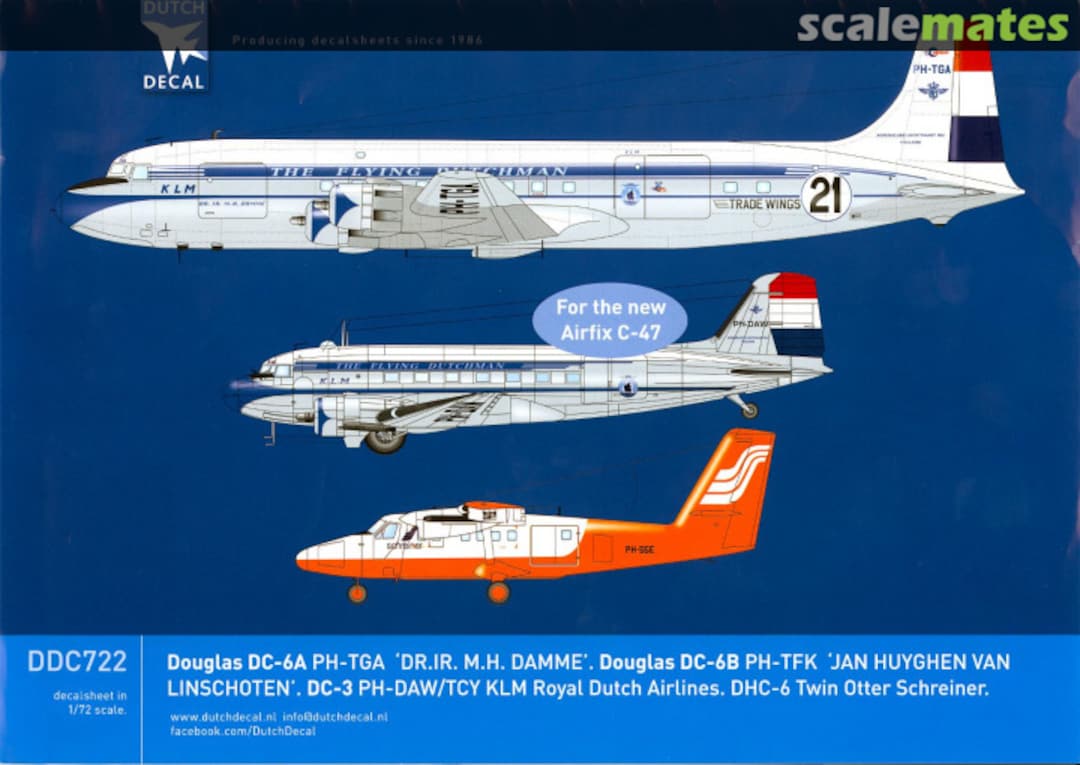 Boxart DC-3 KLM, DC-6A/B KLM, DHC Twin Otter Schreiner DDC722 Dutch Decal