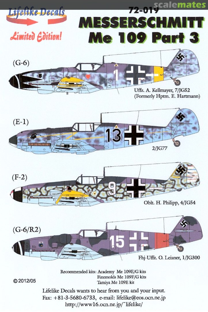 Boxart Messerschmitt Me109 Part 3 72-019 Lifelike Decals