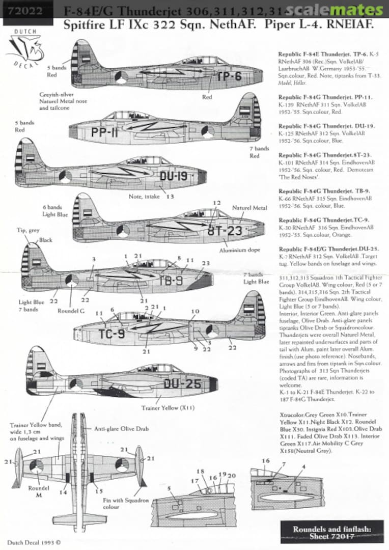 Boxart F-84E/G, Spitfire, Piper L-4 72022 Dutch Decal