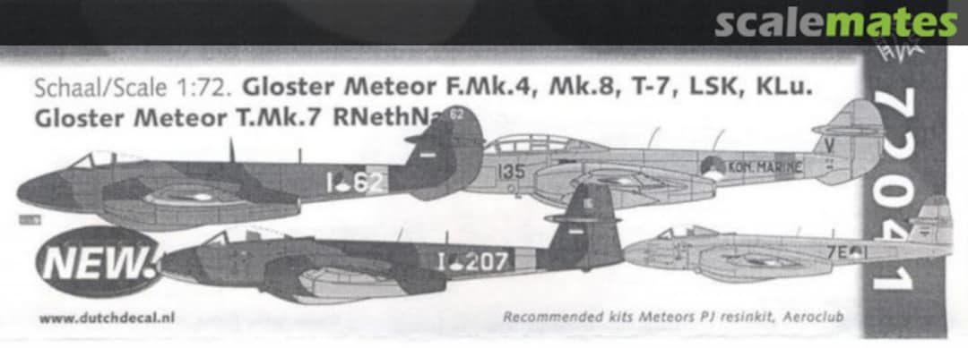 Boxart Gloster meteor F.Mk.4, Mk.8, T-7 72041 Dutch Decal