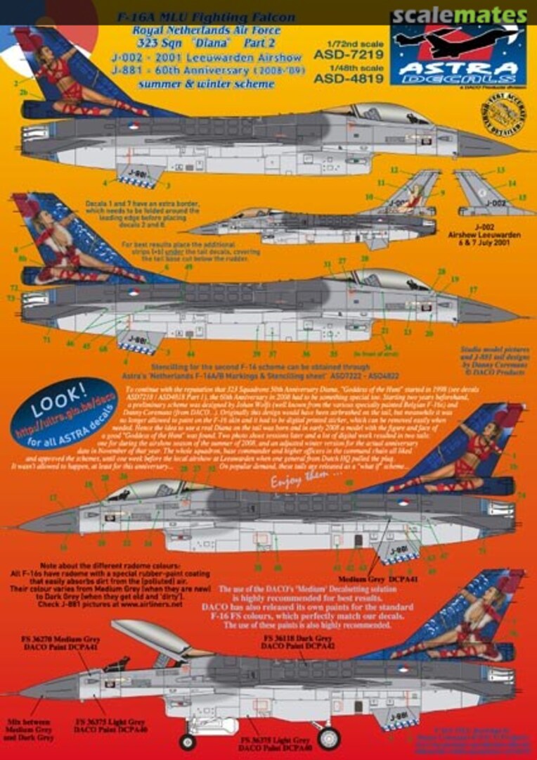 Boxart F-16A MLU Fighting Falcon Royal Netherlands Air Force 323 Sqn "Diana" Part 2 ASD-7219 Astra Decals