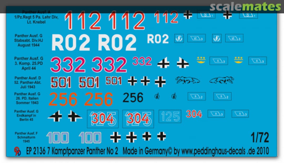 Boxart 7 verschiedene Panther Kampfpanzer 72 2136 Peddinghaus-Decals