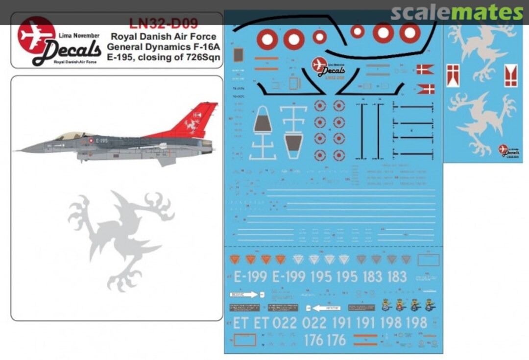 Boxart RDAF General-Dynamics F-16A E-195 'Closing of 726 Sqn' LN32-D09 Lima November Decals