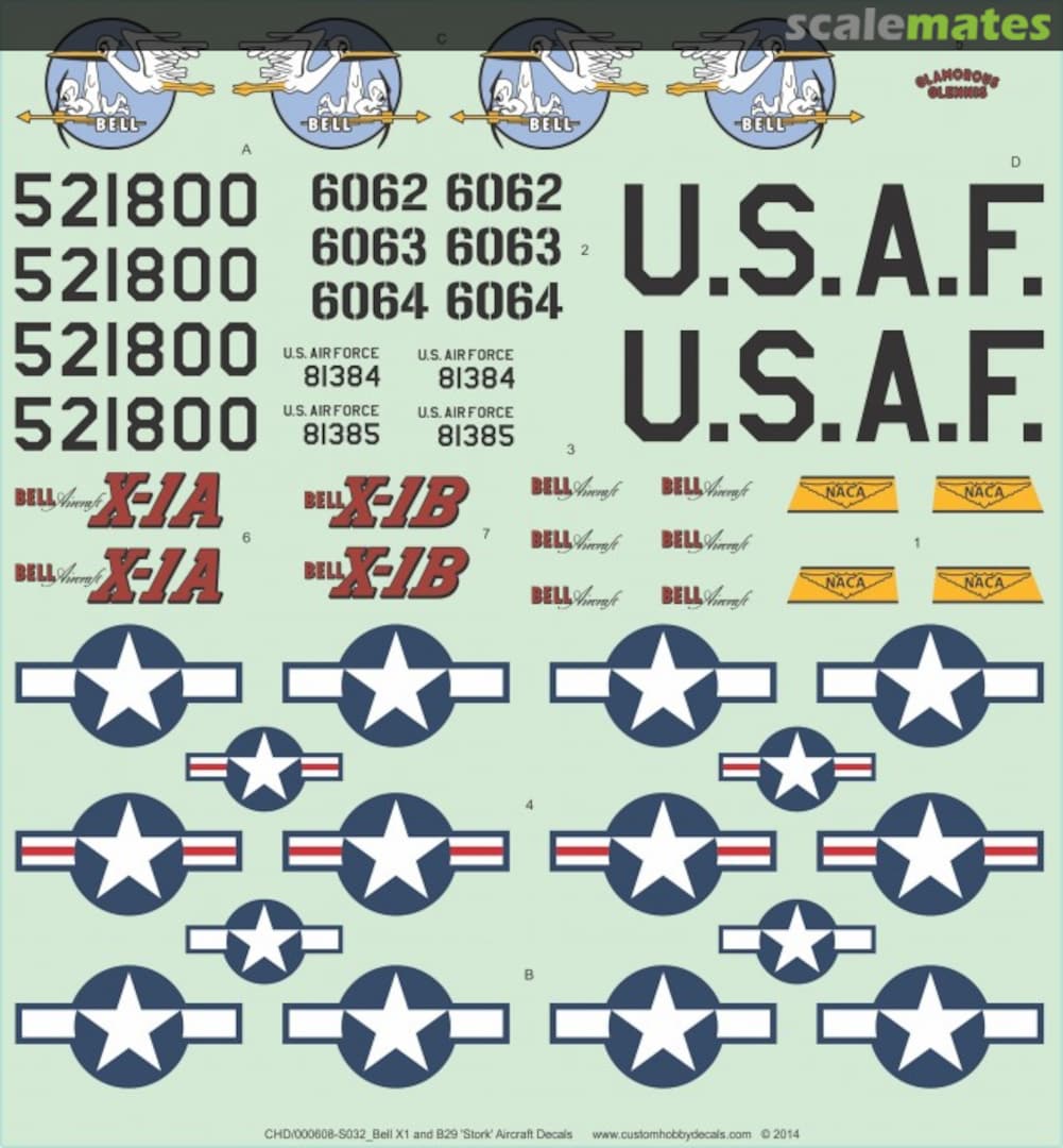 Boxart Bell X-1, X-1A, X-1B and B29 ‘Stork’ WS-000608-S072-R1 Custom Hobby Decals