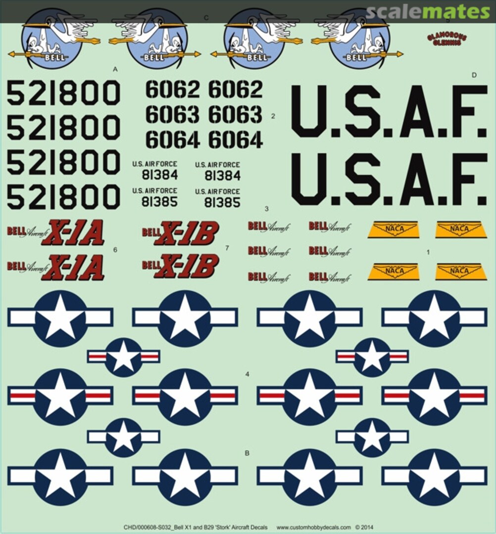 Boxart Bell X-1, X-1A, X-1B and B-29 ‘Stork’ WS-000608-S048-R1 Custom Hobby Decals