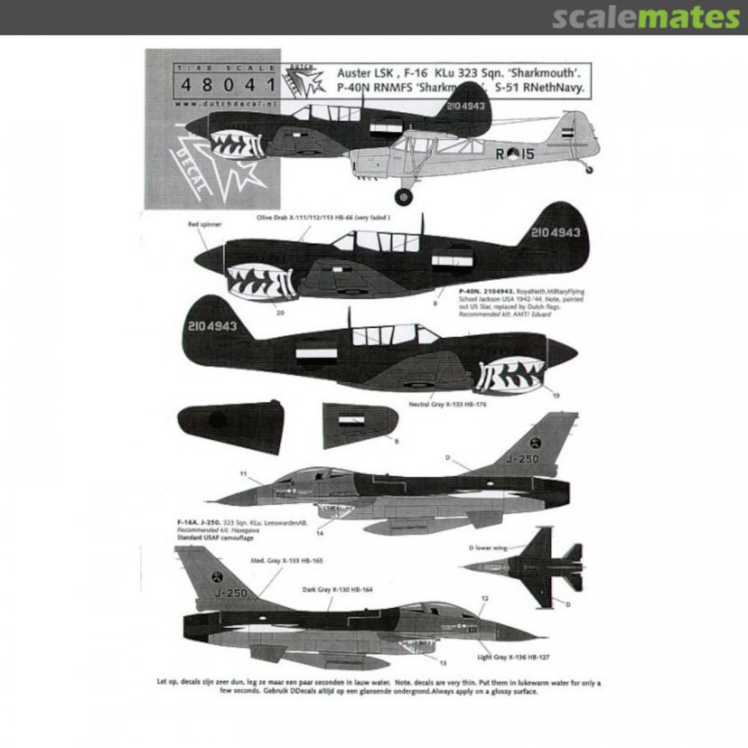 Boxart Auster LSK, F-16 Klu 323 Sqn. 'Sharkmouth'. P-40N RNMFS 'Sharkmouth'. S-51 RNethNavy 48041 Dutch Decal