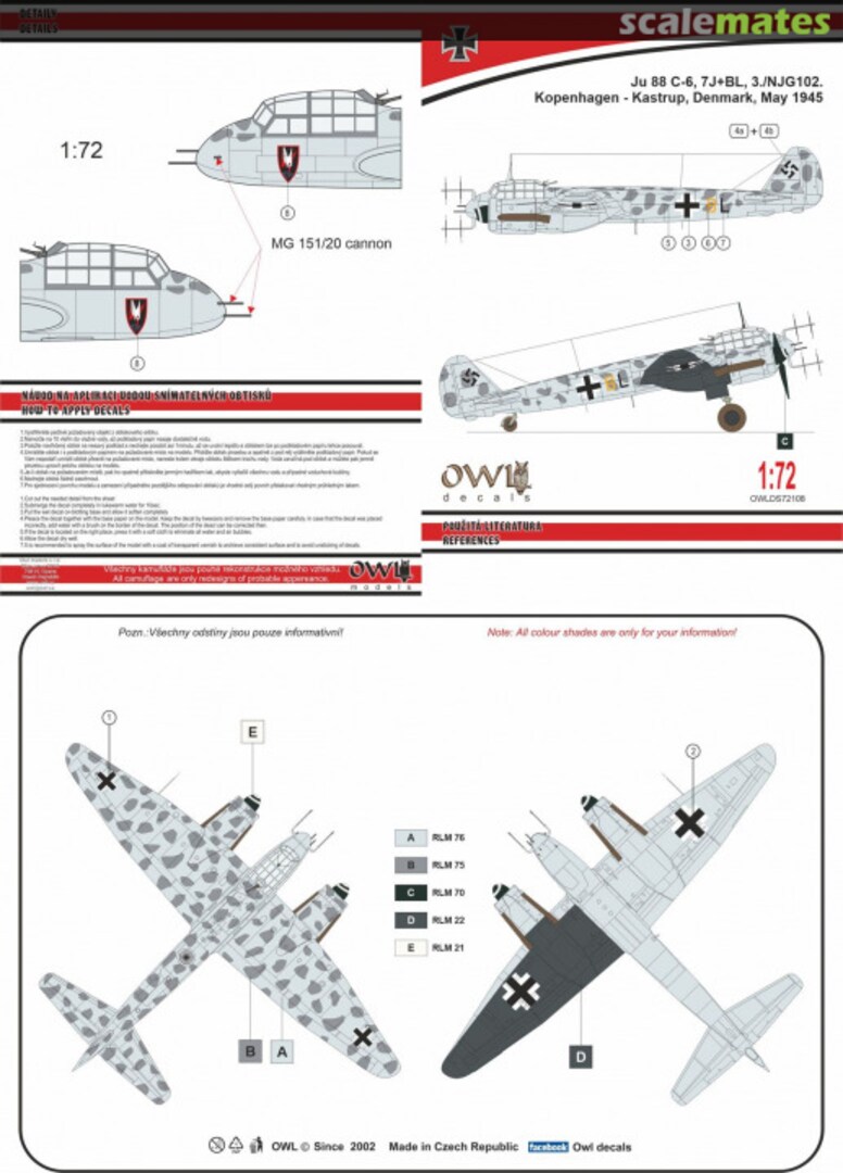 Boxart Ju 88 C-6, 7J+BL, 3./NJG102 OWLDS72108 OWL