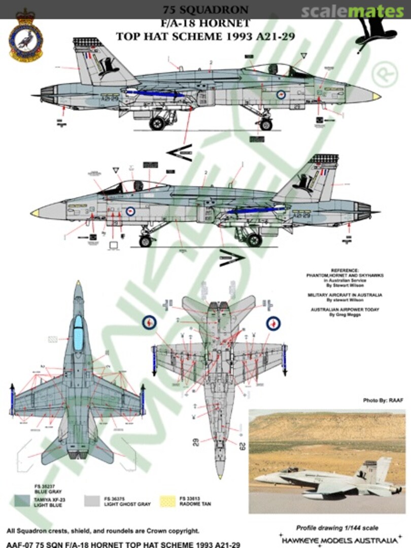 Boxart RAAF F/A-18A Hornet, A21-29, 75 Sqn, Top Hat Scheme, High Viz 1993 AAF-007 Hawkeye Models