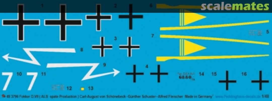 Boxart Fokker D.VII (ALB späte Production) Carl-August von Schönebeck-Günther Schuster-Alfred Fischer 48 3796 Peddinghaus-Decals