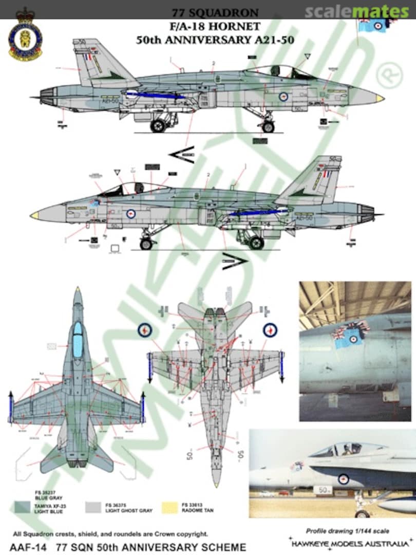 Boxart RAAF F/A-18A Hornet, A21-20, 77 SQN 50th Anniversary AAF-014 Hawkeye Models