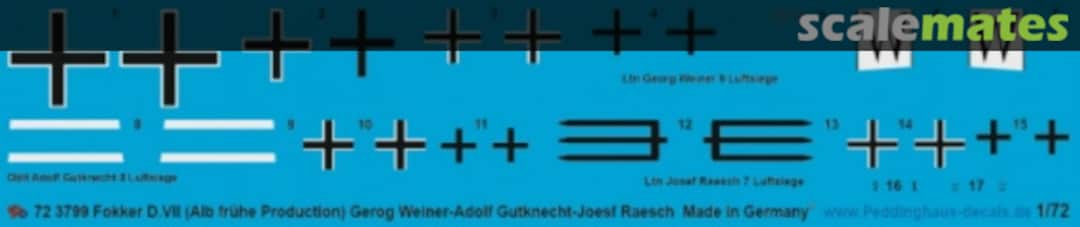 Boxart Fokker D.VII (ALB frühe Production) Gerog Weiner - Adolf Gutknecht - Josef Raesch 72 3799 Peddinghaus-Decals