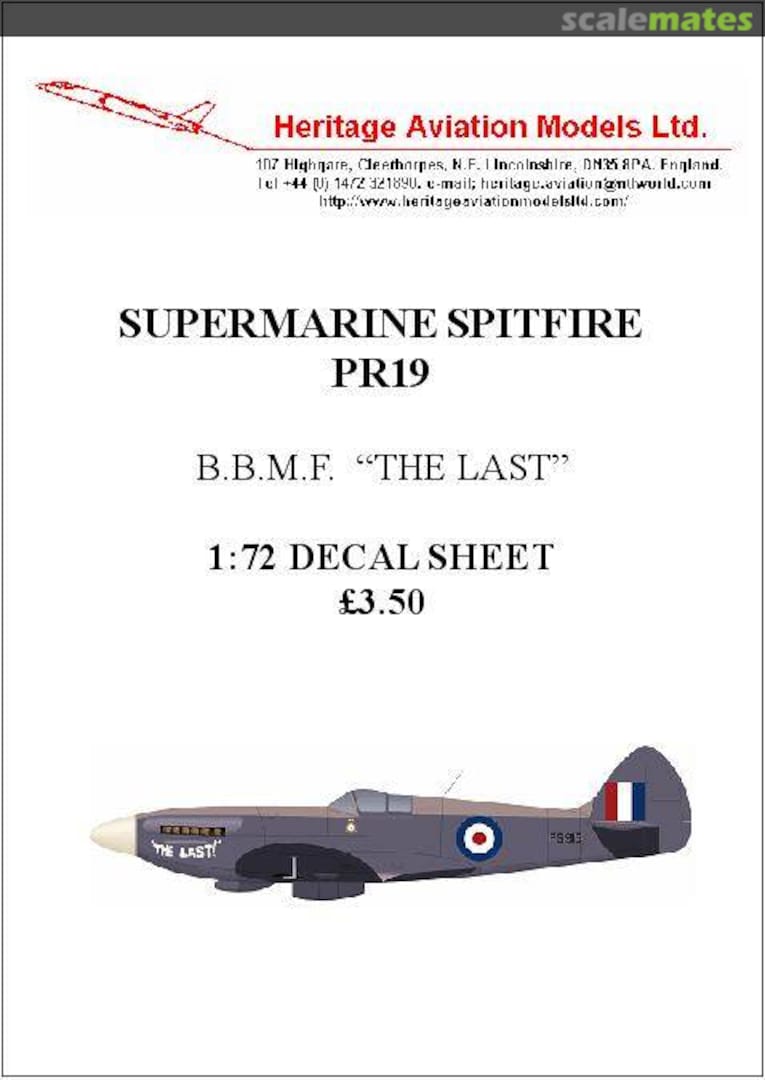 Boxart Supermarine Spitfire PR19 B.B.M.F. "The Last"  Heritage Aviation Models