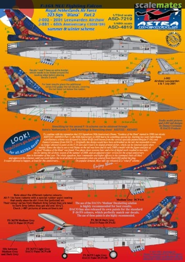 Boxart Royal Netherlands AF F-16A 323 Sqn 60 Years "Diana" (2008) ASD-4819 Astra Decals