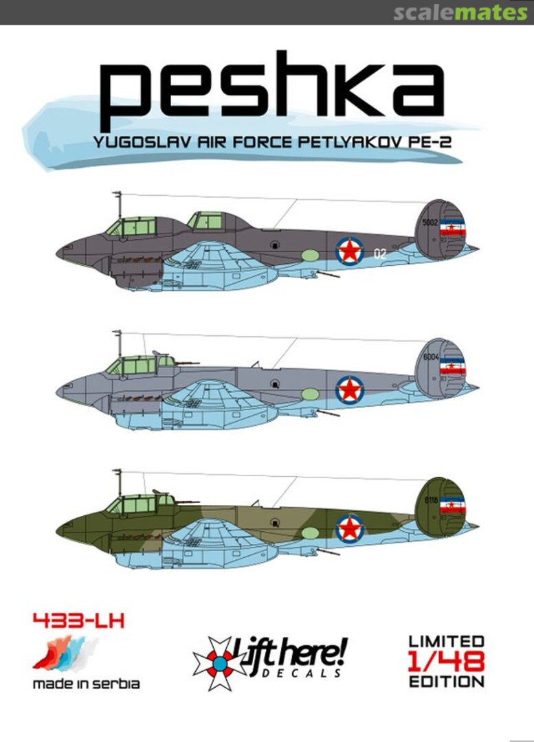 Boxart Peshka, Yugoslav Air Force Petlyakov Pe-2 433-LH Lift Here Decals