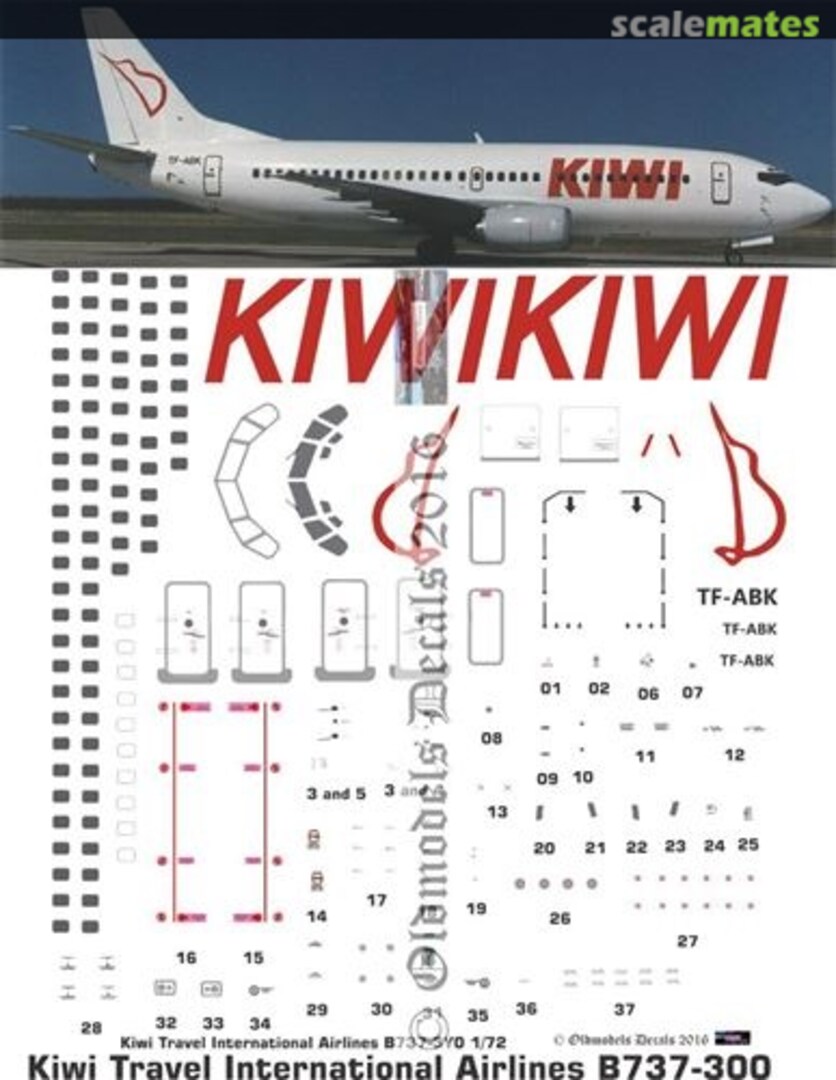 Boxart Kiwi Travel International Airlines B737-300 OMD0995 Oldmodels Decals