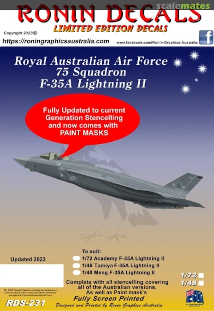 Boxart RAAF 75 Sqn F-35A Lightning II 2020 for Academy kit RDS-231 Ronin Decals