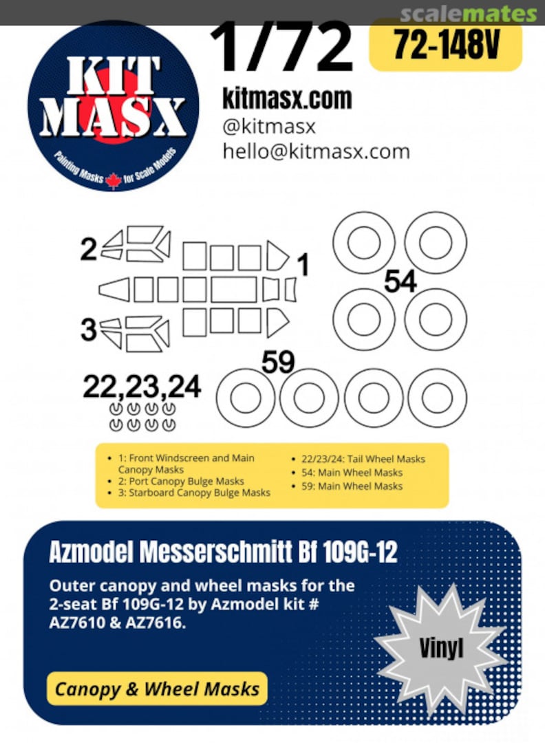 Boxart Messerschmitt Bf 109G-12 1/72 Canopy & Wheel Masks 72-148V Kit Masx