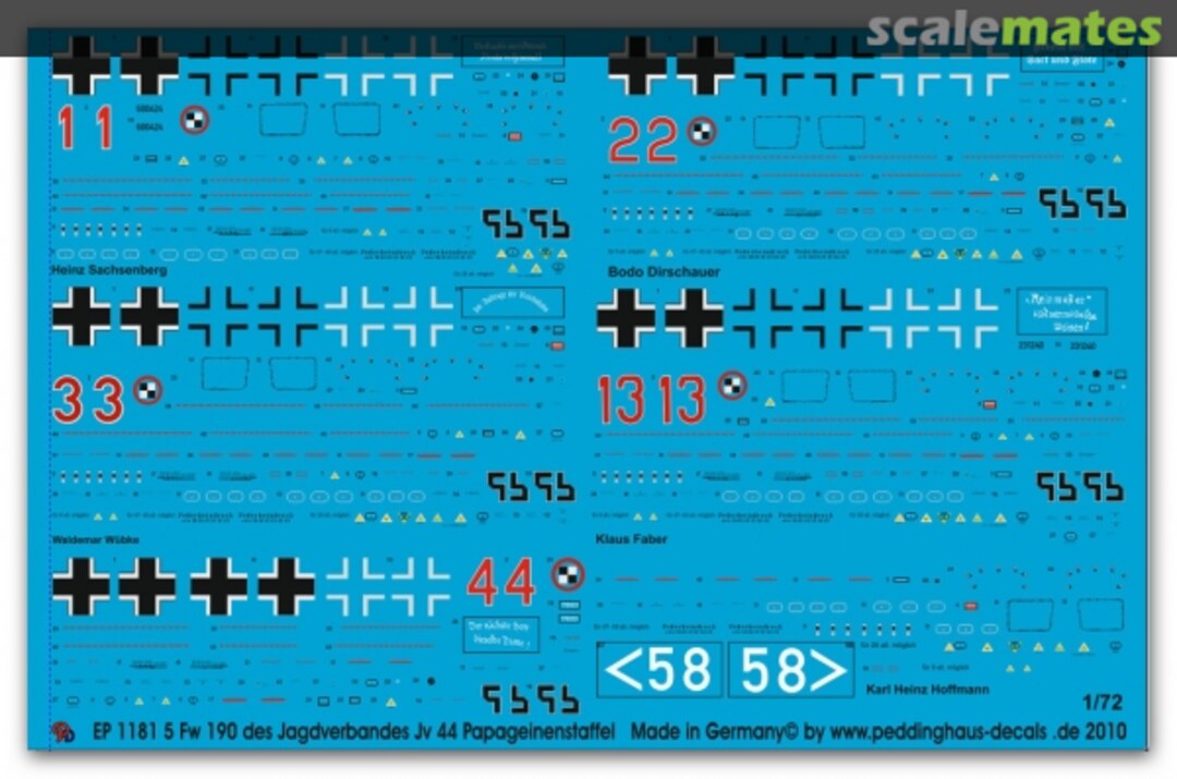 Boxart FW 190 D-9 5 Maschinen JV 44 Papageienstaffel EP 1181 Peddinghaus-Decals