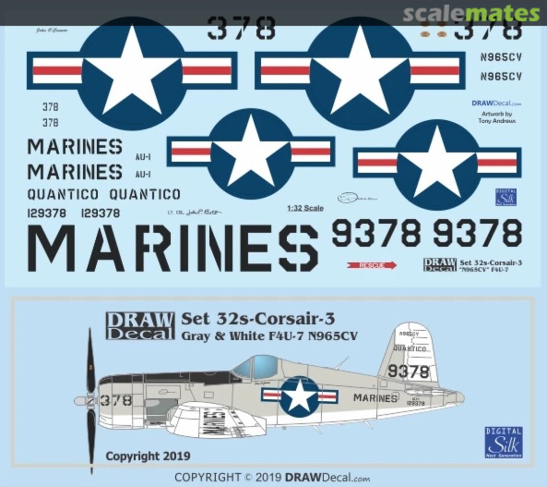 Boxart Gray and White F4U-7 N965CV 32-Corsair-3 Draw Decal