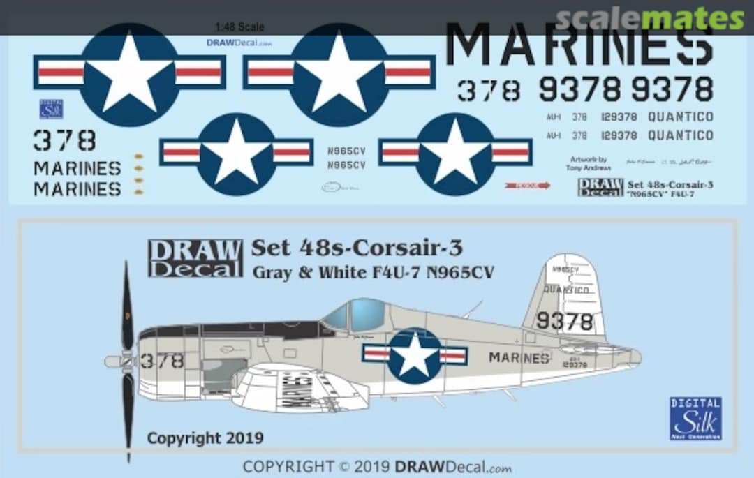 Boxart Gray and White F4U-7 N965CV 48-Corsair-3 Draw Decal