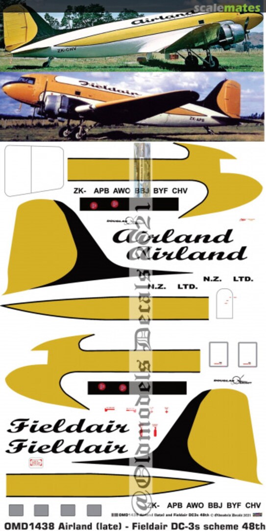 Boxart Airland late - Fieldair early DC-3s scheme OMD1438 Oldmodels Decals