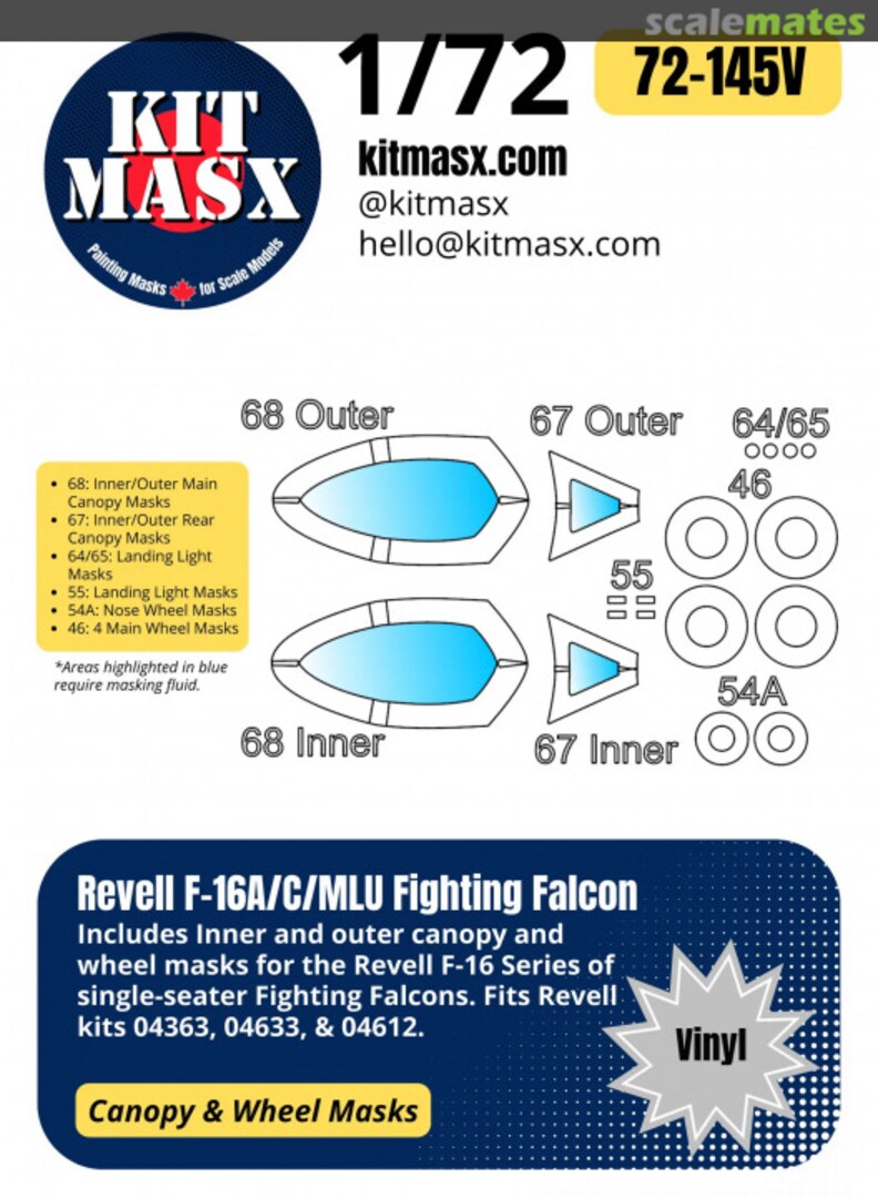 Boxart F-16A/C/MLU Fighting Falcon 1/72 Canopy & Wheel Masks 72-145V Kit Masx