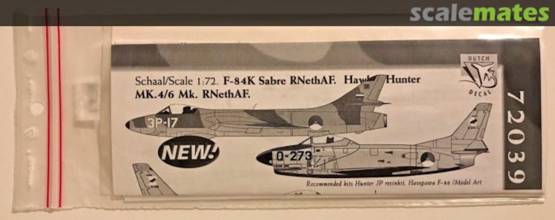 Boxart F-86 K Sabre RNethAF. Hawker Hunter Mk.4/6 Mk. RNethAF 72039 Dutch Decal