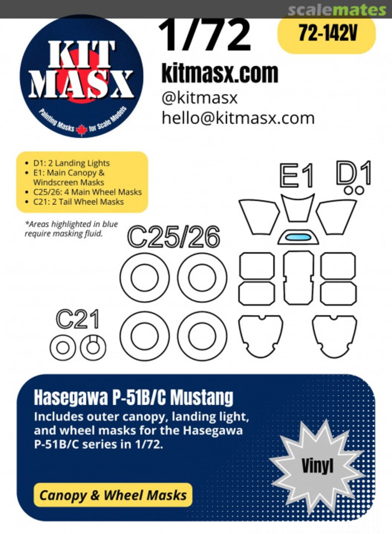 Boxart P-51B/C Mustang 1/72 Canopy & Wheel Masks 72-142V Kit Masx