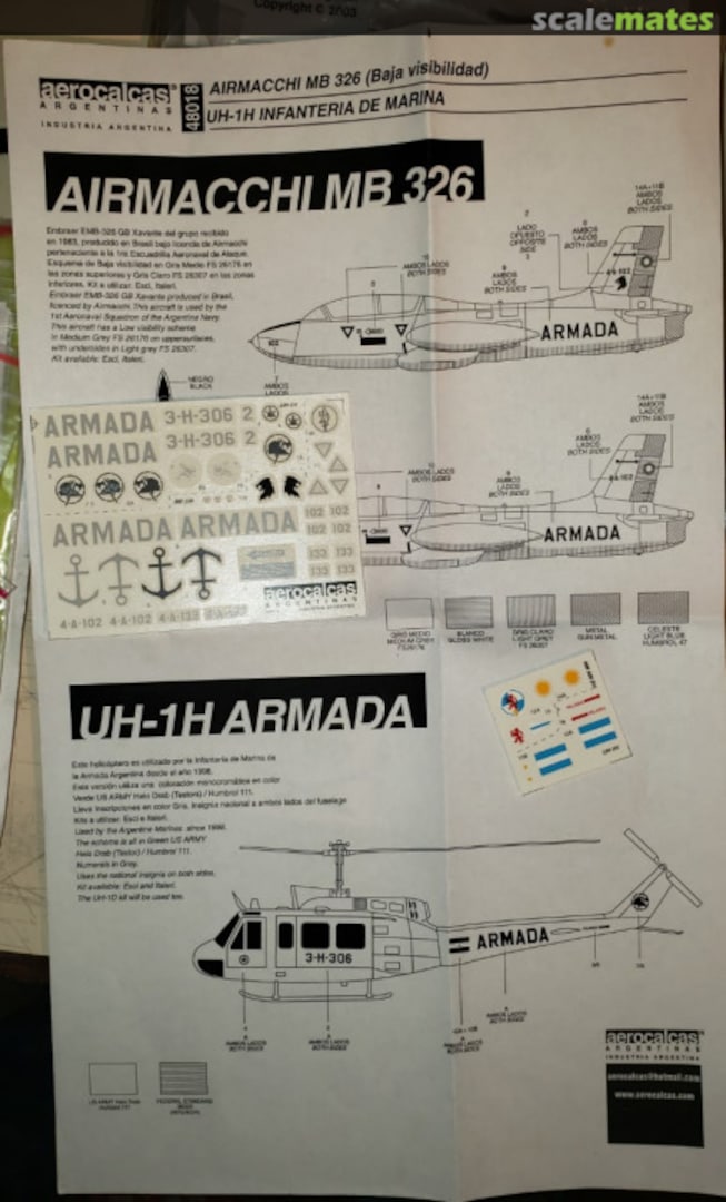 Boxart AERMACCHI MB326 BV Y UH-1H ARMADA 48018 Aerocalcas Argentinas