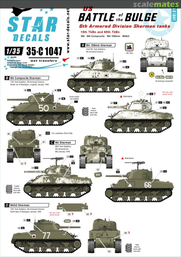 Boxart 6th Armored Division Sherman Tanks 35-C1047 Star Decals