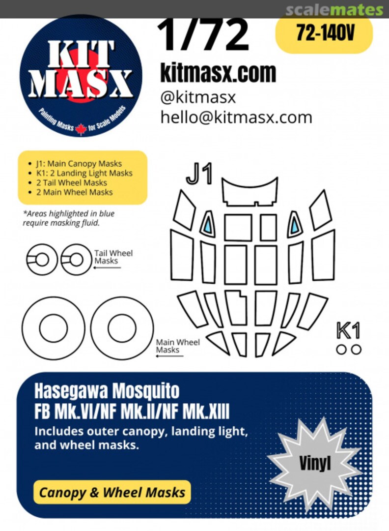 Boxart Mosquito FB Mk.VI/NF Mk.II/NF Mk.XIII 1/72 Canopy & Wheel Masks 72-140V Kit Masx