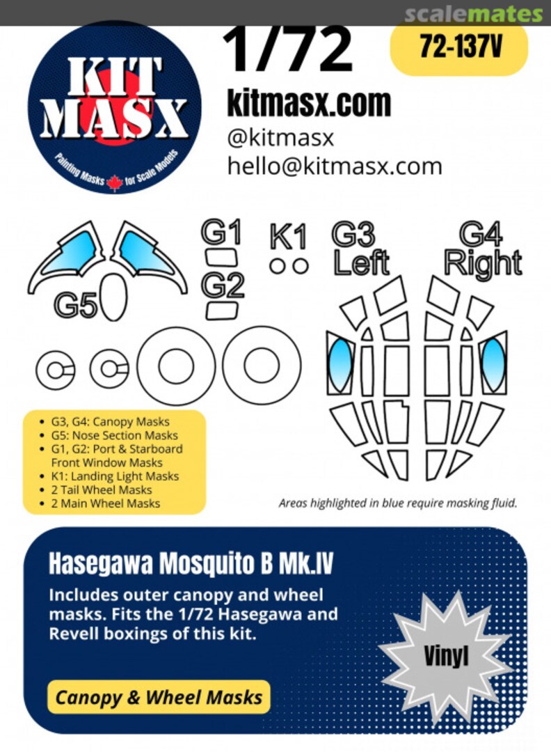 Boxart Mosquito B Mk.IV 1/72 Canopy & Wheel Masks 72-137V Kit Masx