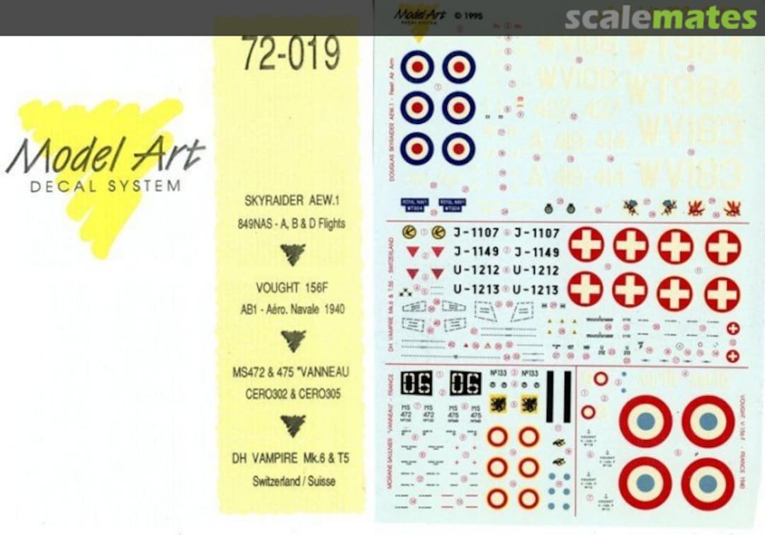 Boxart Skyraider AEW.1 / Vought 156F / MS472 & 475 / DH Vampire 72/019 Model Art Decal System