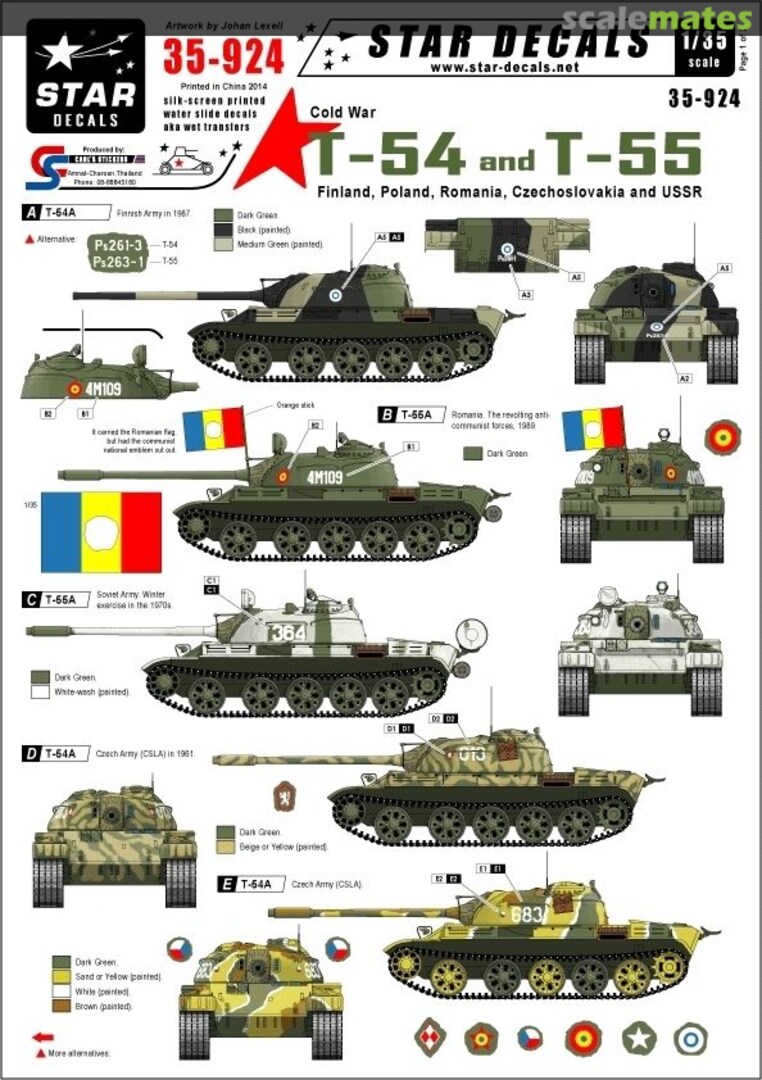 Boxart Cold War T-54 and T-55 Finland Poland Romania Czechoslovokia USSR 35-924 Star Decals