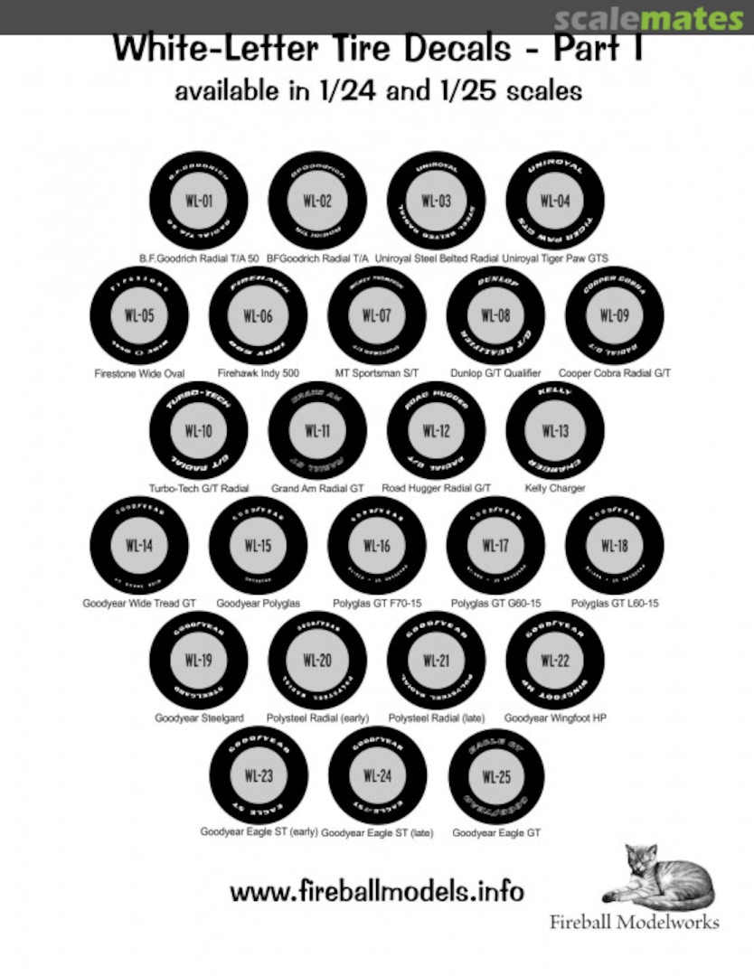 Boxart White Letter Tire Decals WL-16-25 Fireball Modelworks