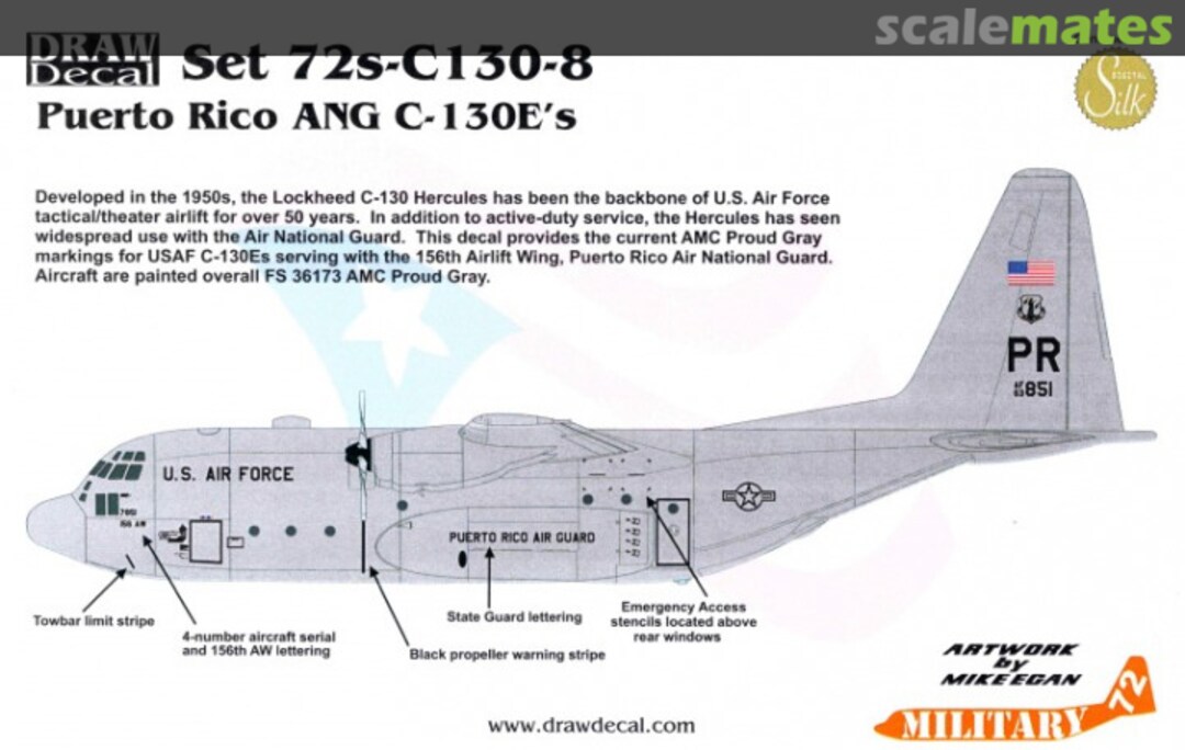 Boxart Puerto Rico ANG Lockheed C-130E Hercules 72s-C130-8 Draw Decal