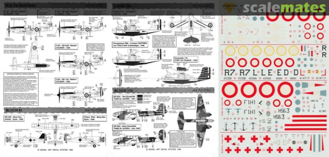 Boxart Bloch 174, Loire 130, Bloch 81, Mustang F-6C & F-6D 72/030 Model Art Decal System