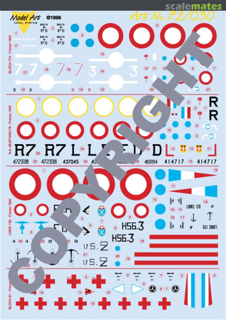 Contents Bloch 174, Loire 130, Bloch 81, Mustang F-6C & F-6D 72/030 Model Art Decal System