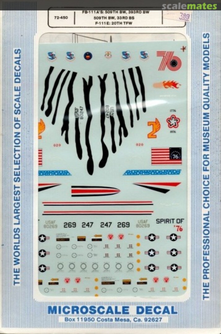 Boxart FB-111A 509th & 338th BW; F-111E 20th TFW 72-450 Microscale