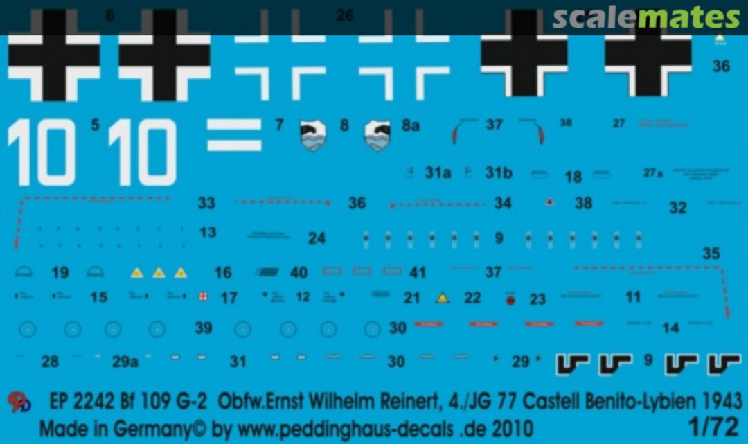 Boxart Bf 109 G-2 Obfw. Ernst Wilhelm Reinert, 4./JG 77 Castell Benito-Lybien 43 EP 2242 Peddinghaus-Decals