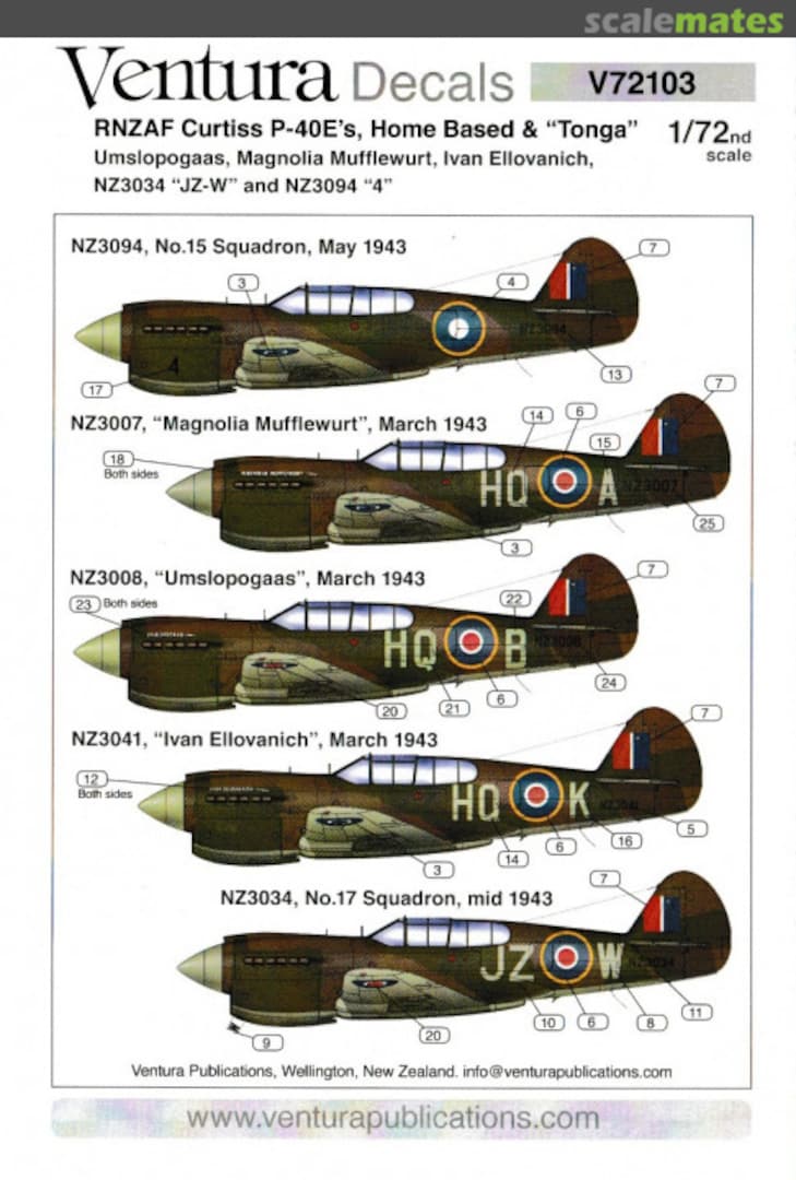 Boxart RNZAF Curtiss P-40E’s V72103 Ventura