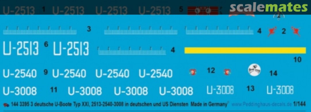 Boxart 3 deutsche U-Boote Typ XXI (U-2513/U-2540/U-3008) 144 3395 Peddinghaus-Decals