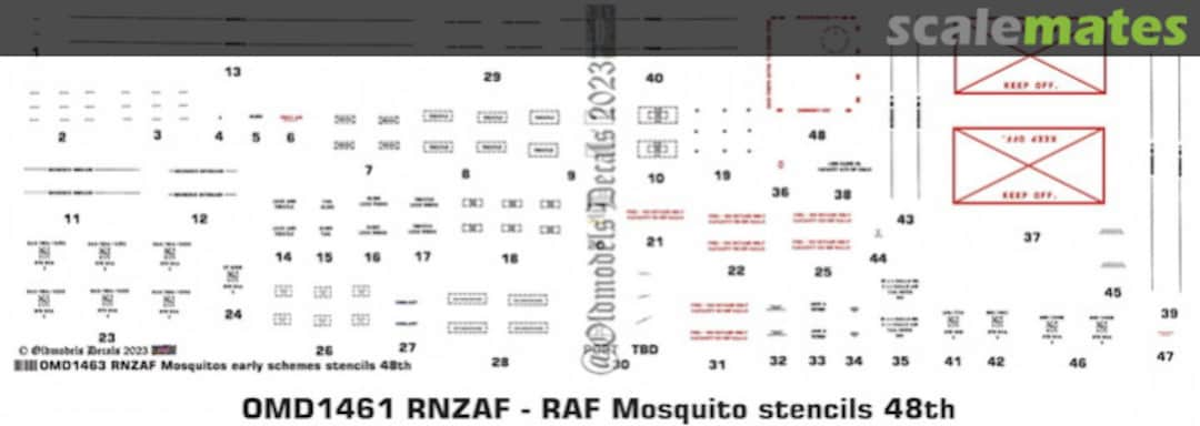 Boxart Royal New Zealand Air Force + Royal Air Force Mosquito Stencils OMD1461 Oldmodels Decals