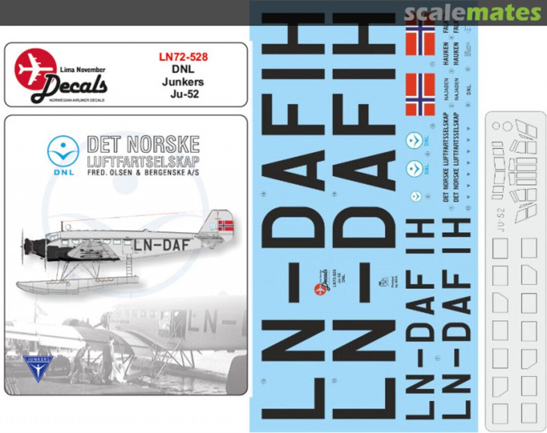 Boxart DNL Det Norske LuftfartselskapJunkers Ju-52/3m including masks for the windows. (The masks are made for the Revell kit) LN72-528 Lima November Decals