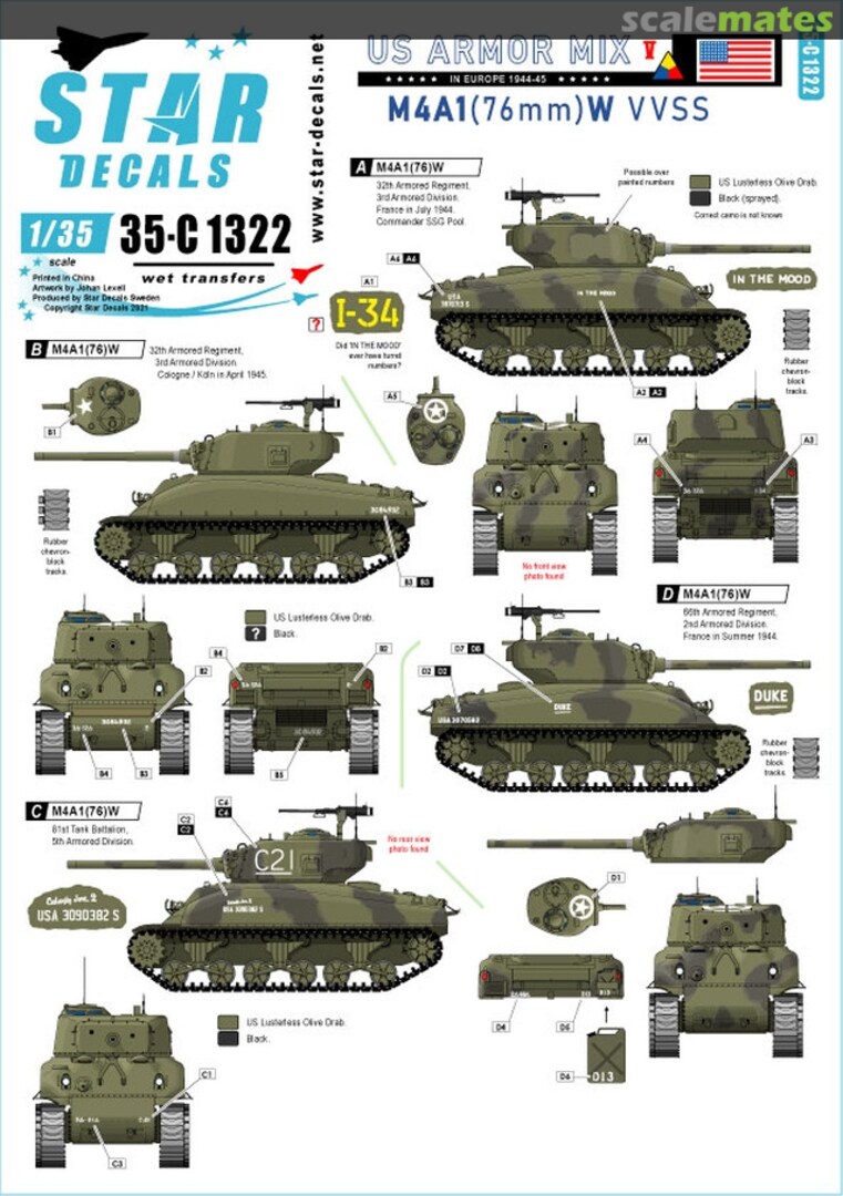 Boxart M4A1 (76) W Sherman in Europe 1944-45 35-C1322 Star Decals