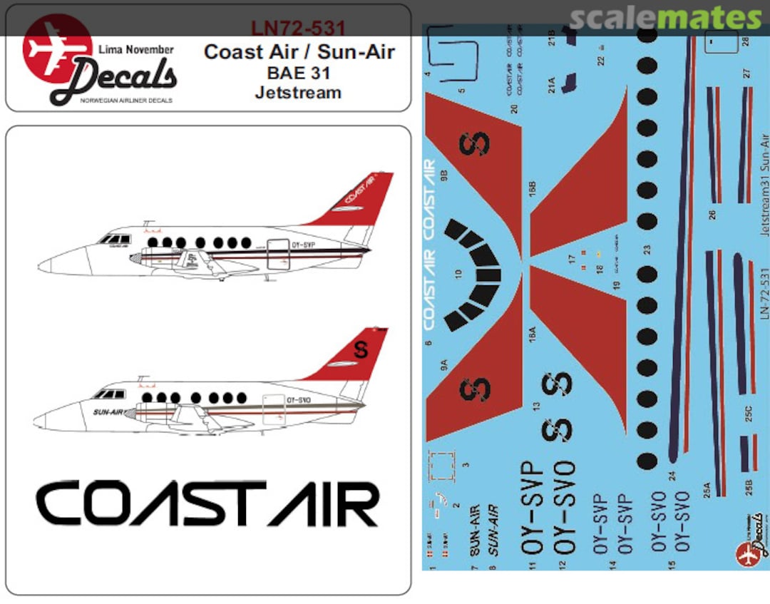 Boxart Sun-Air + leased by Coast Air BAE 31 Jetstream including masks. [BAe Jetstream 32] LN72-531 Lima November Decals