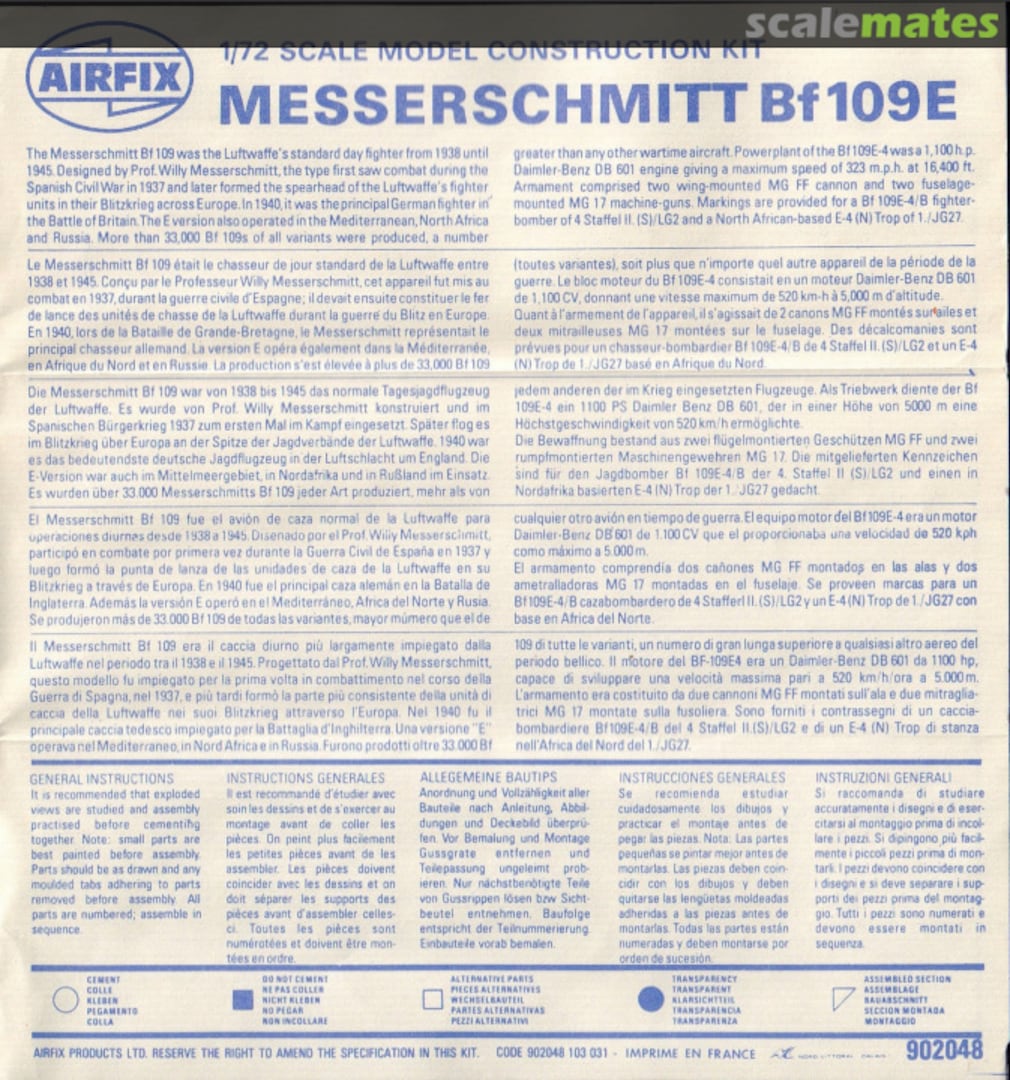 Contents Messerschmitt Me Bf 109E 9 02048 Airfix